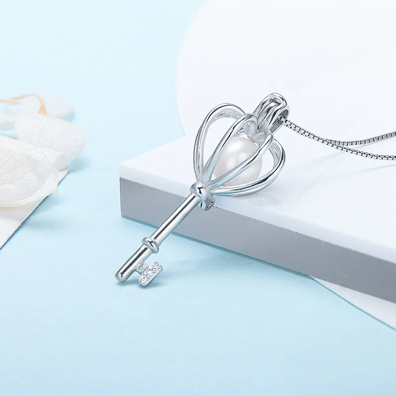 CLUCI 925 Sterling Silver Pendant Women Jewelry Love Key Shaped Real Silver 925 Pearl Cage Pendant Zircon Locket SC030SB