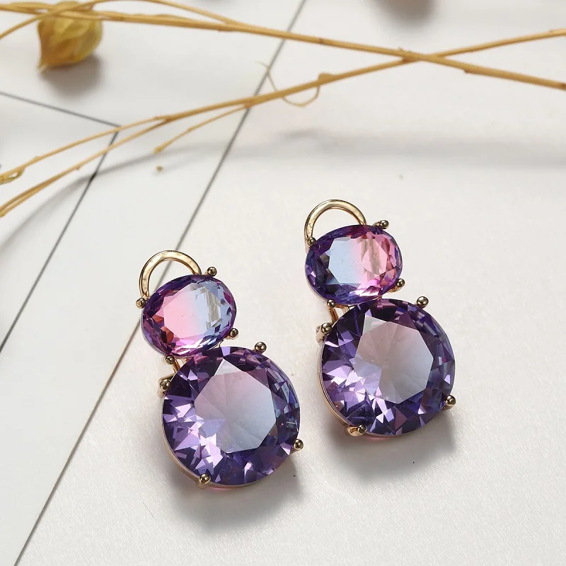 Korea Fashion Oval Ear Buckle Purple Crystal Earrings for Women 2021 Stud Earrings with Stone Cute Accessories New Jewelry Sets