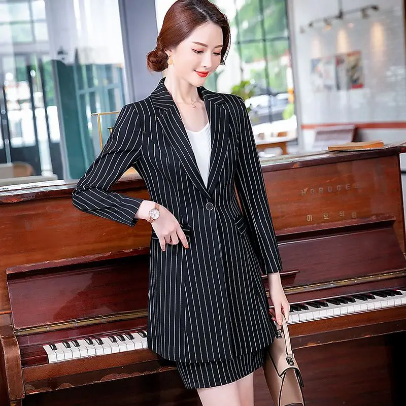 Women\'s Striped Blazer and Pencil Pant Sets, 2 Piece Formal Suits, Office Ladies, Business, Classic, Long, Autumn