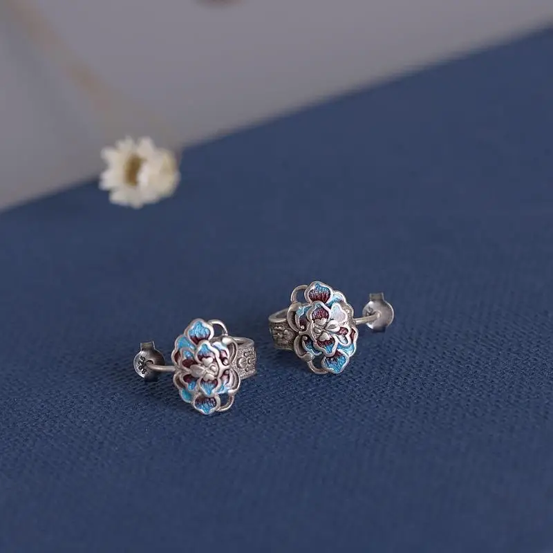 New Silver Enamel Blue Earrings Chinese style retro peony flower small group design elegant women's charm senior brand jewelry