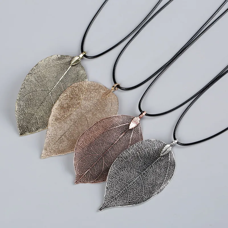 LOVBEAFAS Unique Natural Real Leaf Choker Pendant Necklace For Women True Leaves Shape Filigree Vintage Necklace Jewelry Gift