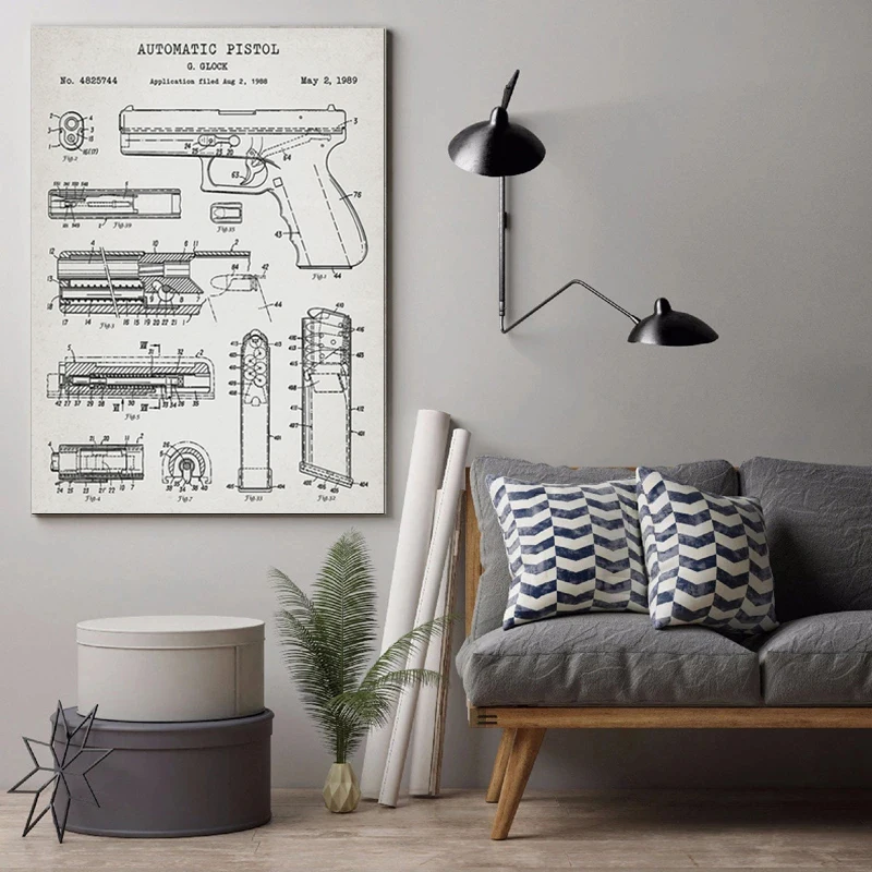 The Composition Diagram of A Set of 6 Retro Gun Patent Canvas Painting Poster Print Gun Wall Art Picture Gun Room Decor Revolver