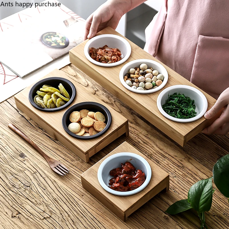 Ceramic Snack Platter with Wooden Base Snack Bowl Dried Fruit BoxSeasoning Dish Dinner Plate Fruit Plate Decorative Tableware