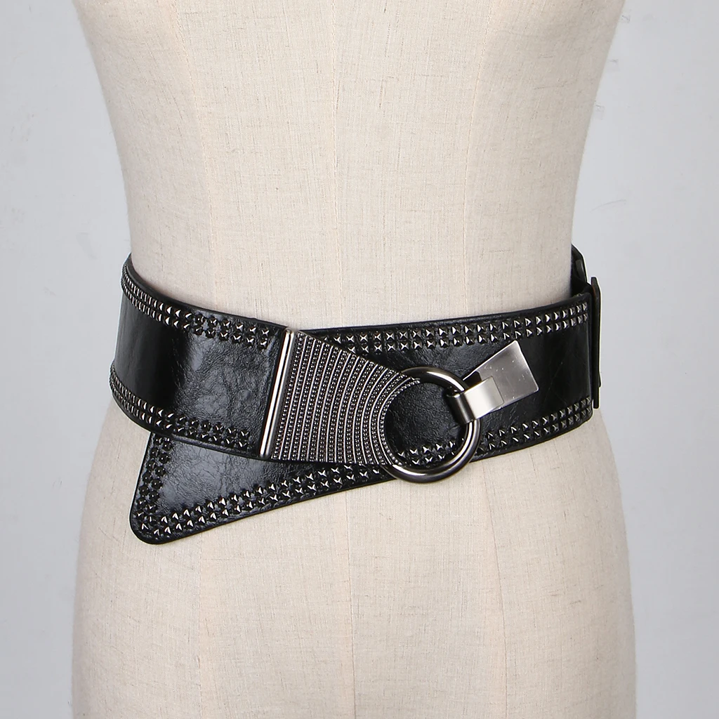 PU Leather Punk Elastic Gothic Rivets Wide Cinch Belt Women\'s Stretch Waist Belt Band Vintage Dress Decor Accessories