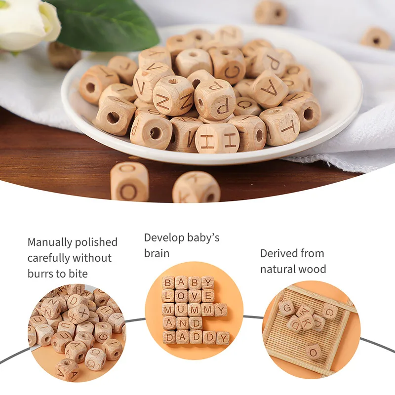 TYRY.HU 100Pcs Natural Mixed Wooden Alphabet Beads 12mm Wooden Letter Beads Making Baby Bracelet Jewelry DIY Accessories