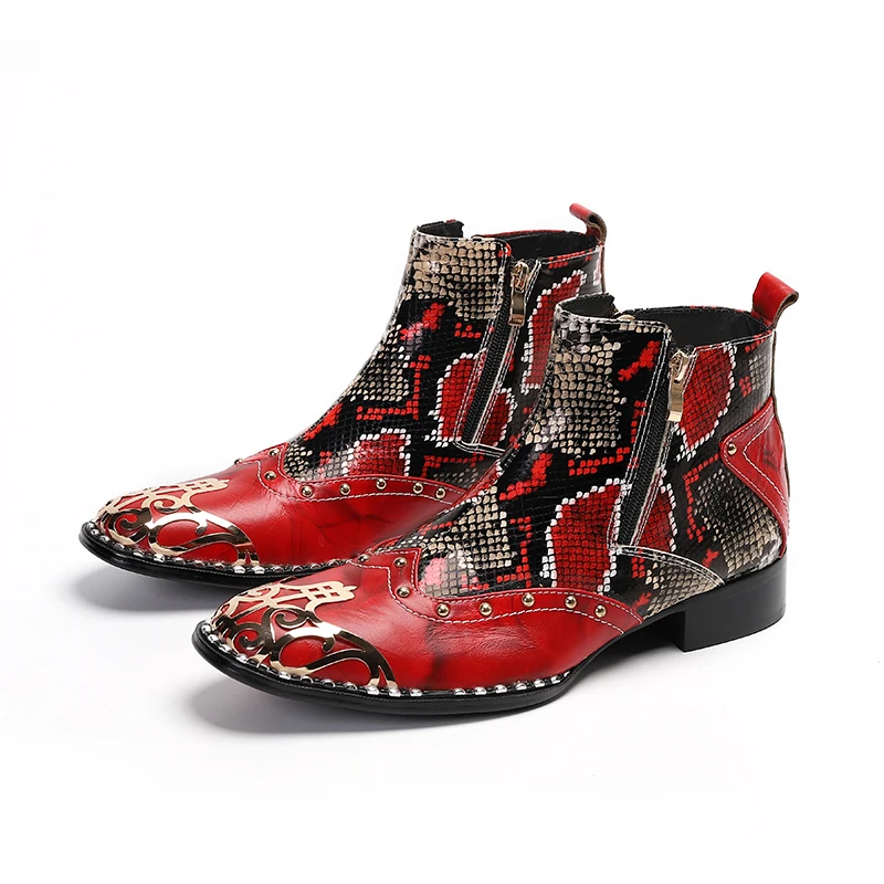 

High Heels Men Boots Square Toe Red Snake Skin Leather Boots Rivet Men Handsome Ankle Boots for Men Wedding Party Size 38-47