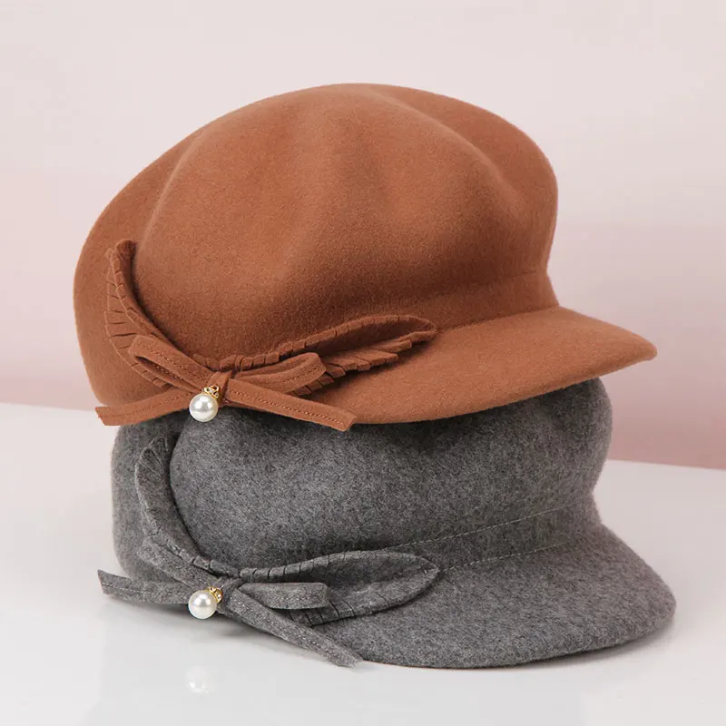 

H722 Fashion Leisure Beret Hat Women Autumn Winter Wool Felt Warm Berets Cap Lady Solid Color Korean Pearl Bowknot Elegant Hats