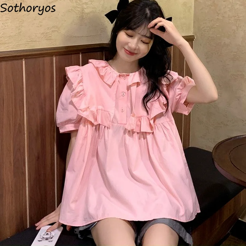 

Women Short Puff Sleeve Shirts Ruffles Sweet Kawaii Ulzzang Fashion Pleated All-match Elegant Gentle Streetwear Teens Blouses