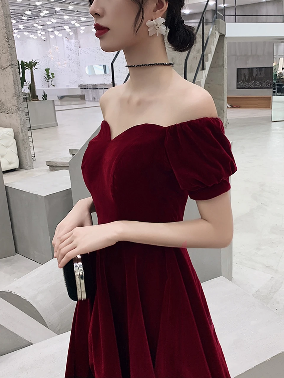 Burgundy Short Evening Dresses 2021 Off Shoulder Prom Dresses Velvet Women Formal Party Night Vestidos De Gala Graduation Gowns