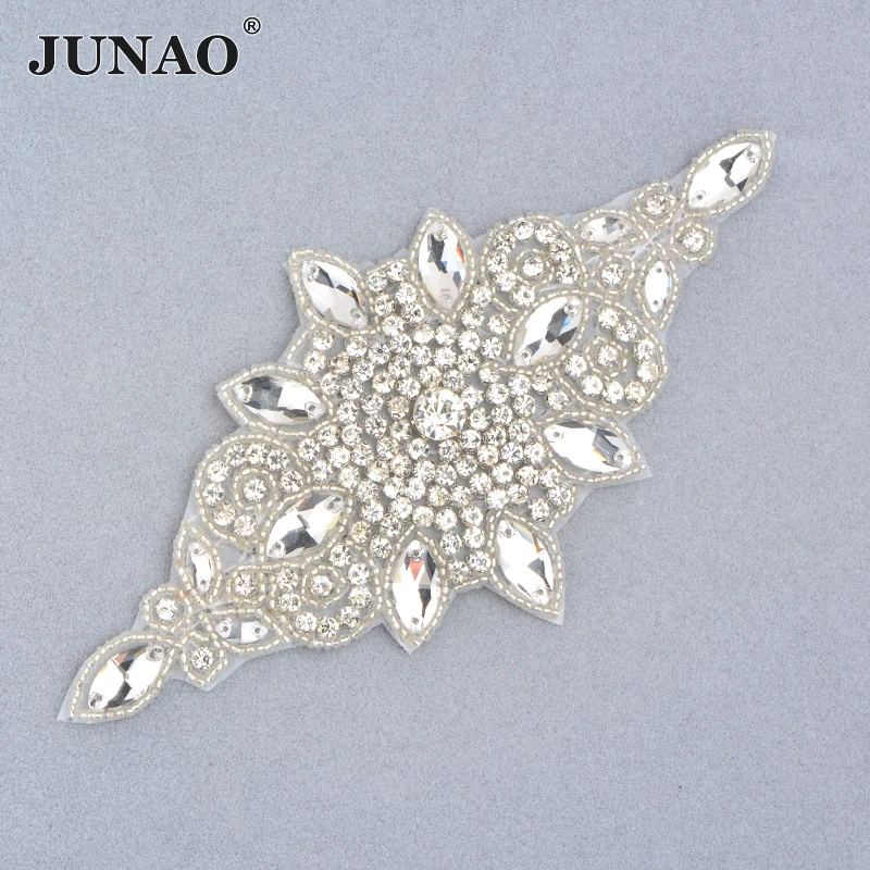 JUNAO 90*240 مللي متر 1 قطعة الخياطة كريستال AB زهرة حجر الراين زين بقع الإصلاح الحديد على كريستال ستراس الأحجار الكريمة الزخارف فستان الزفاف #6