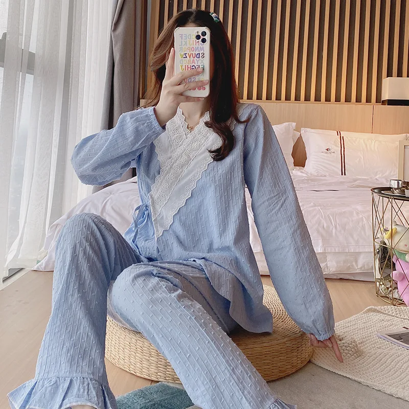 Nursing Clothes Maternity Pajamas Cotton Pregnant Pajama Fashion Cotton Plain Gauze Breastfeeding Sleepwear Tops&Pants Set