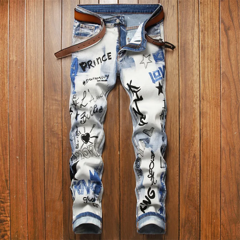 Light luxury men’s slim fit denim pants high quality embroidery print decorating blue pants street fashion sexy casual jeans;