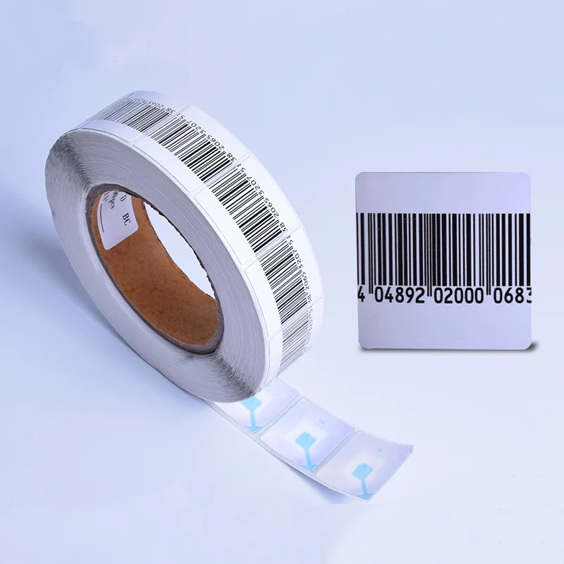 (1000 uds/rollo) sistema de seguridad de código de barras etiqueta antirrobo RF 4*4cm etiqueta suave de código de barras 8,2 MHz etiqueta antirrobo de seguridad EAS