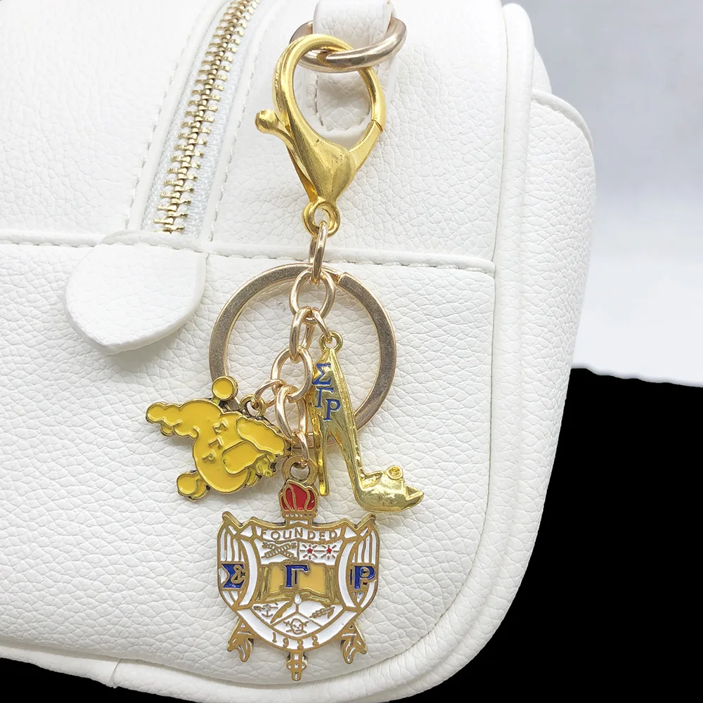 Handmade Greek Sorority Yellow Blue Sigma Gamma Rho Poodle Shield High-Heeled Shoes Keychains Key Rings Accessories Jewelry