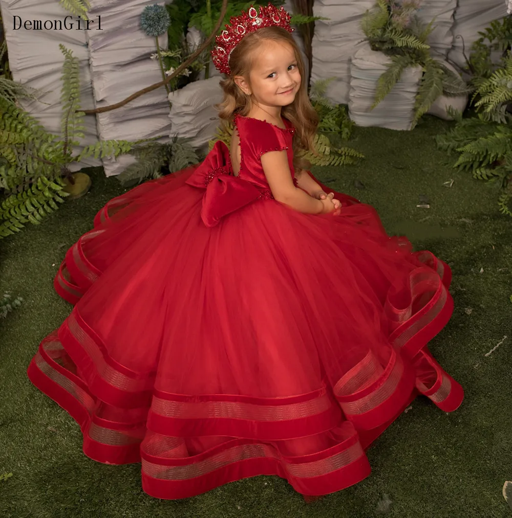 Red Puffy Flower Girl Dress Toddler Kids Birthday Clothes Little Girl Princess Wedding Party Gown for 0-12 Years Vestidos