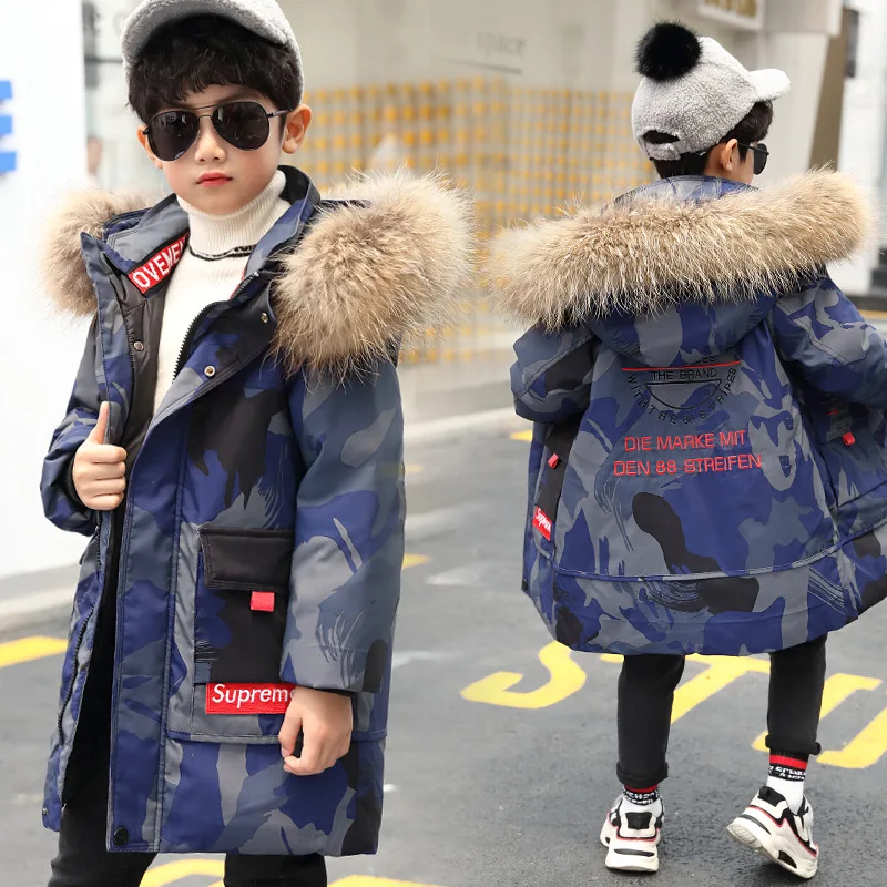 BINIDUCKLING New Camouflage Winter Down Parka Jackets For Boy White Duck Down Thick Warm Kids Children's Jackets 5T-9T