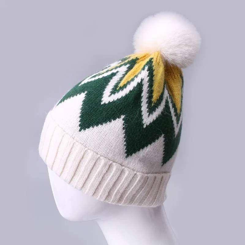 Winter Women Mixed Color Beanie Hat With Faux Fur Pompon Cute Knitted Stripe Patterned Wool Ski Cap Bonnet Warm Soft Hat Beanie