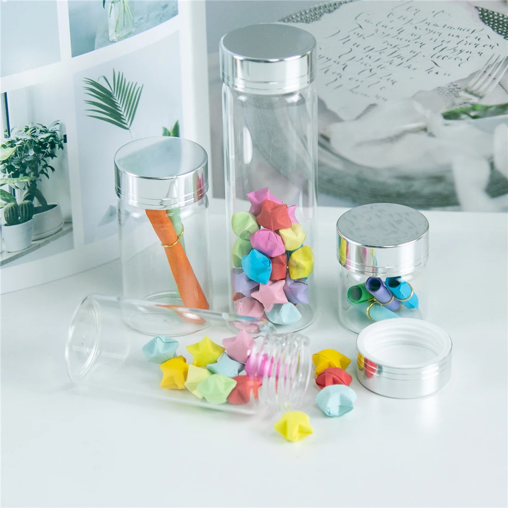 

24Pcs 20ml 50ml 65ml 90ml Clear Glass Container have Screw Plastic Lid with Silver Tangent Simple Cute Reusable Craft Vials