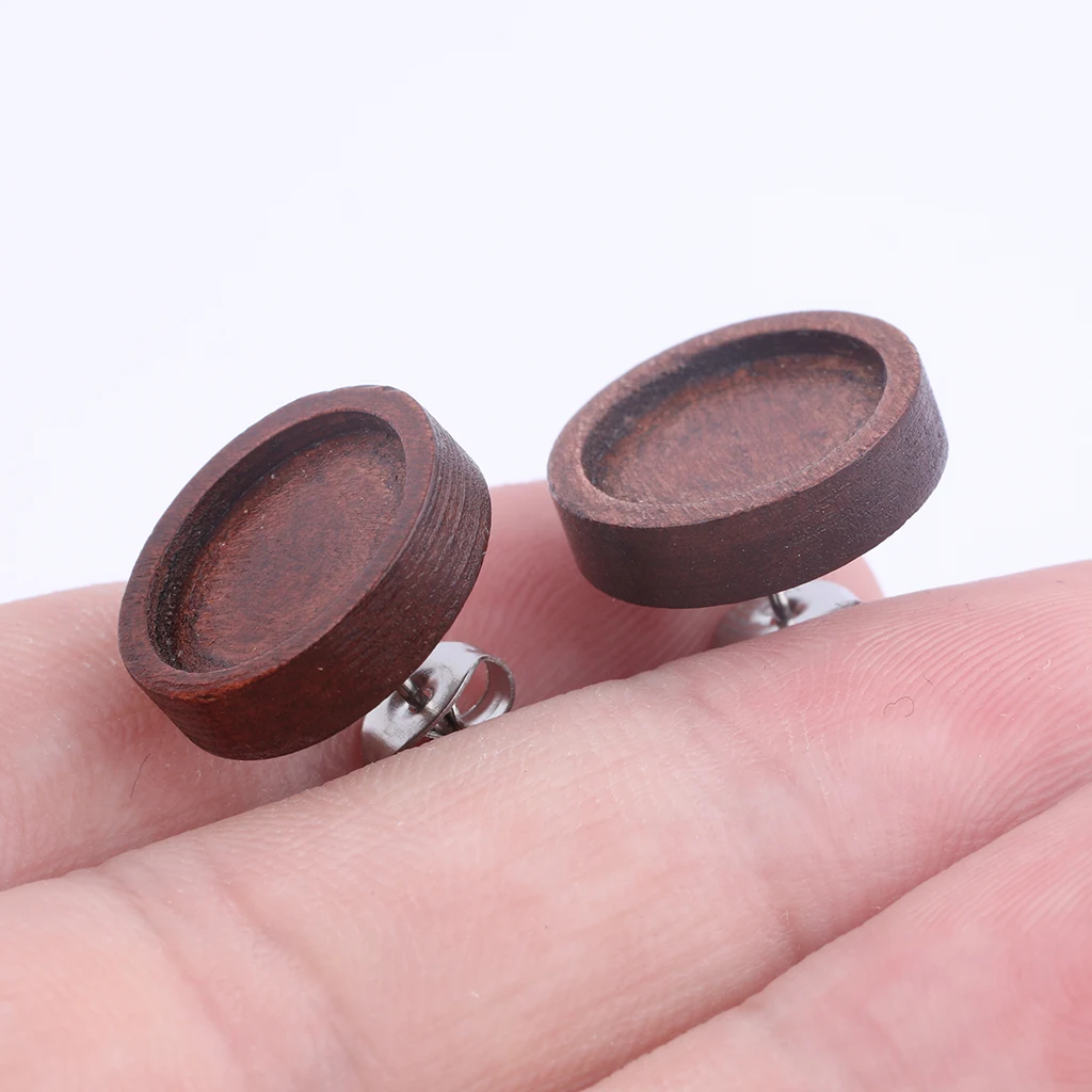 20pcs Wood Earring Bezel Blanks 12mm Dia Wooden Cabochon Base Settings Diy Stainless Steel Ear Posts With Backings