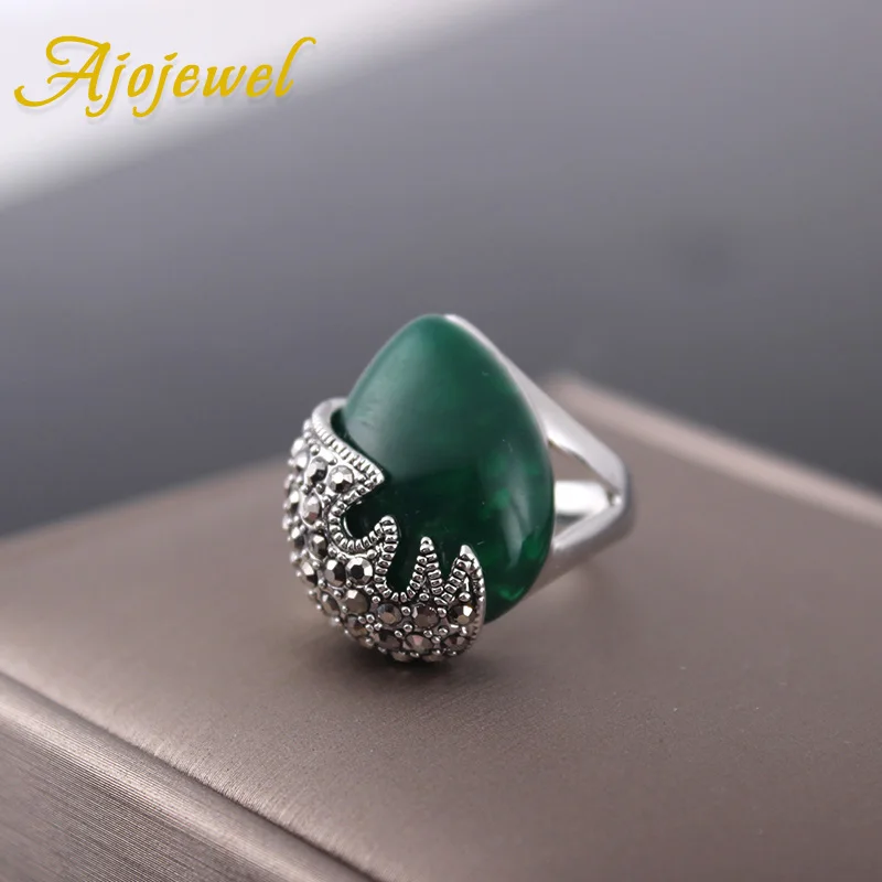 Ajojewel Vintage Black Rhinestone Women Ring Green Resin Stone Jewelry Anelli Donna