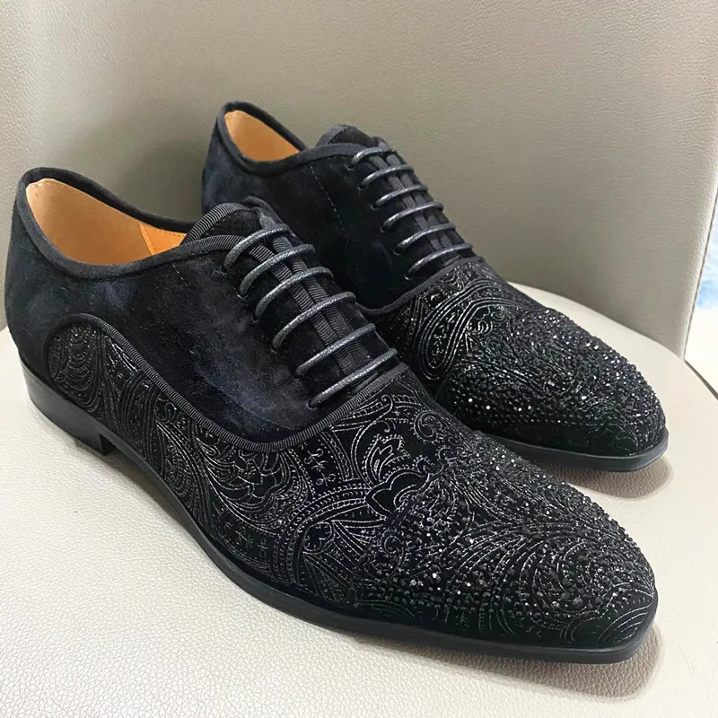 SHOOEGLE Luxury Black Handmade Rhinestone Shoes Men Diamond Printing Flower Embroider Lace Up Flat Shoes Male Fashion Loafer