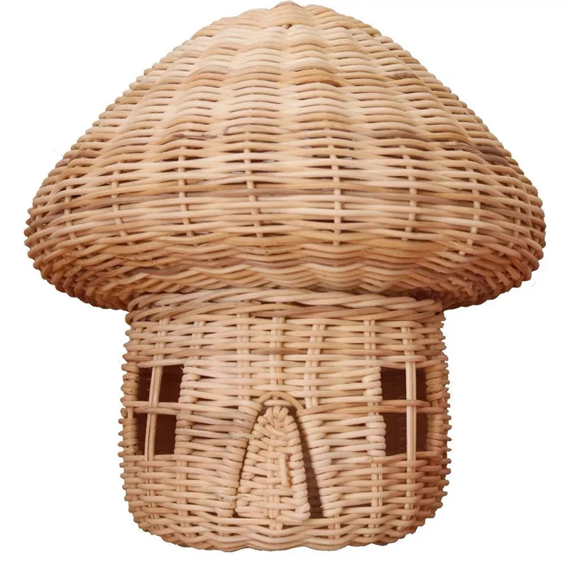 Vintage Handmade Rattan Weaven Mushroom House Kids Room Decoration Nordic Children Bedroom Kindergarte Light Ornament Basket