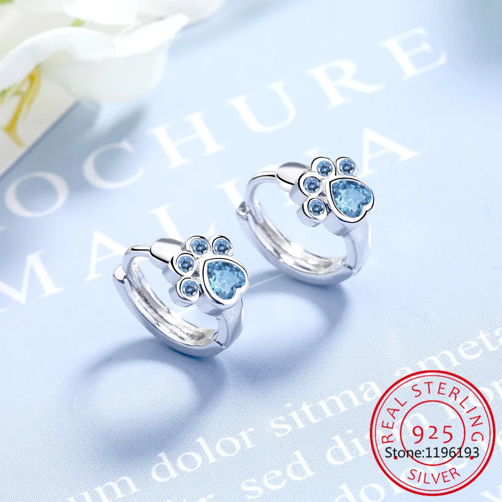 Baby Princess 925 Sterling Silver Blue Crystal Cute Pet Cat Paw Hoop Earring For Child Girl Women Loop Earring Jewelry