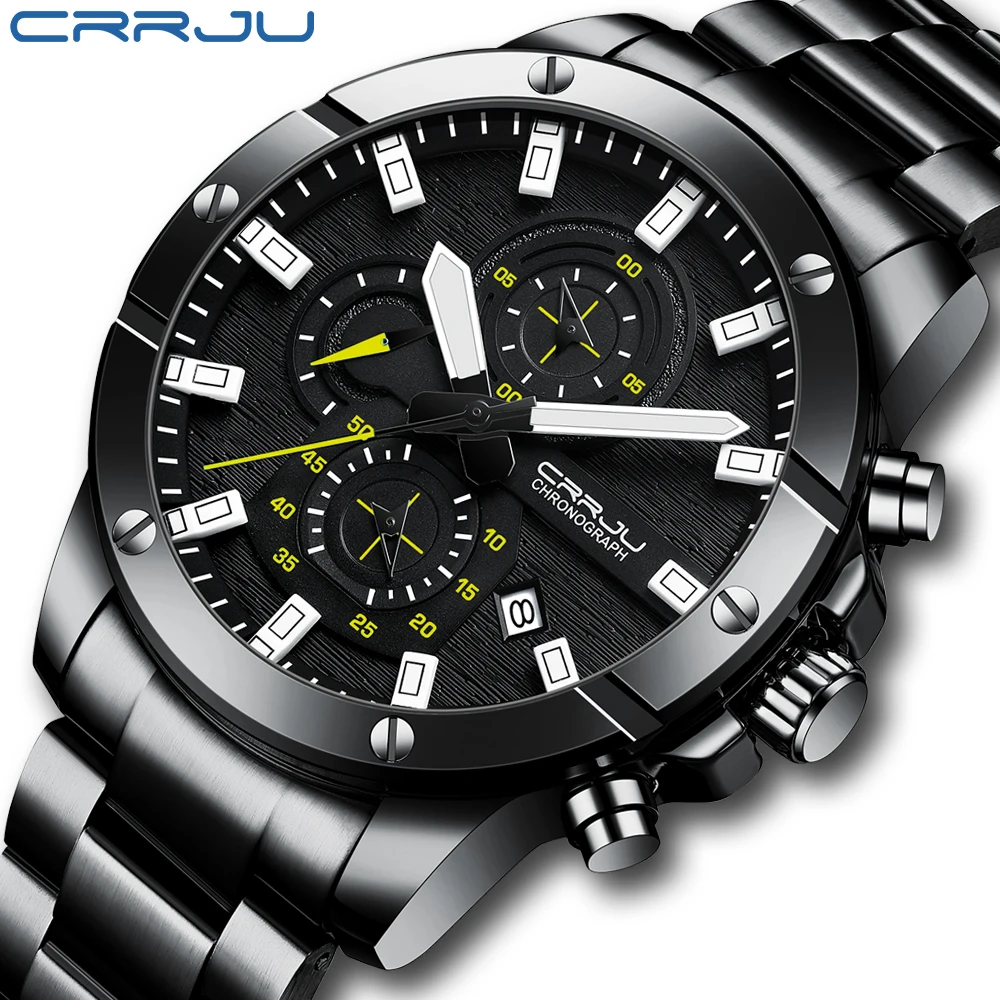 

CRRJU 2021 New Fashion Men Watch Calendar Stainless Steel Top Brand Luxury Sports Chronograph Quartz Watch Relogio Masculino+Box