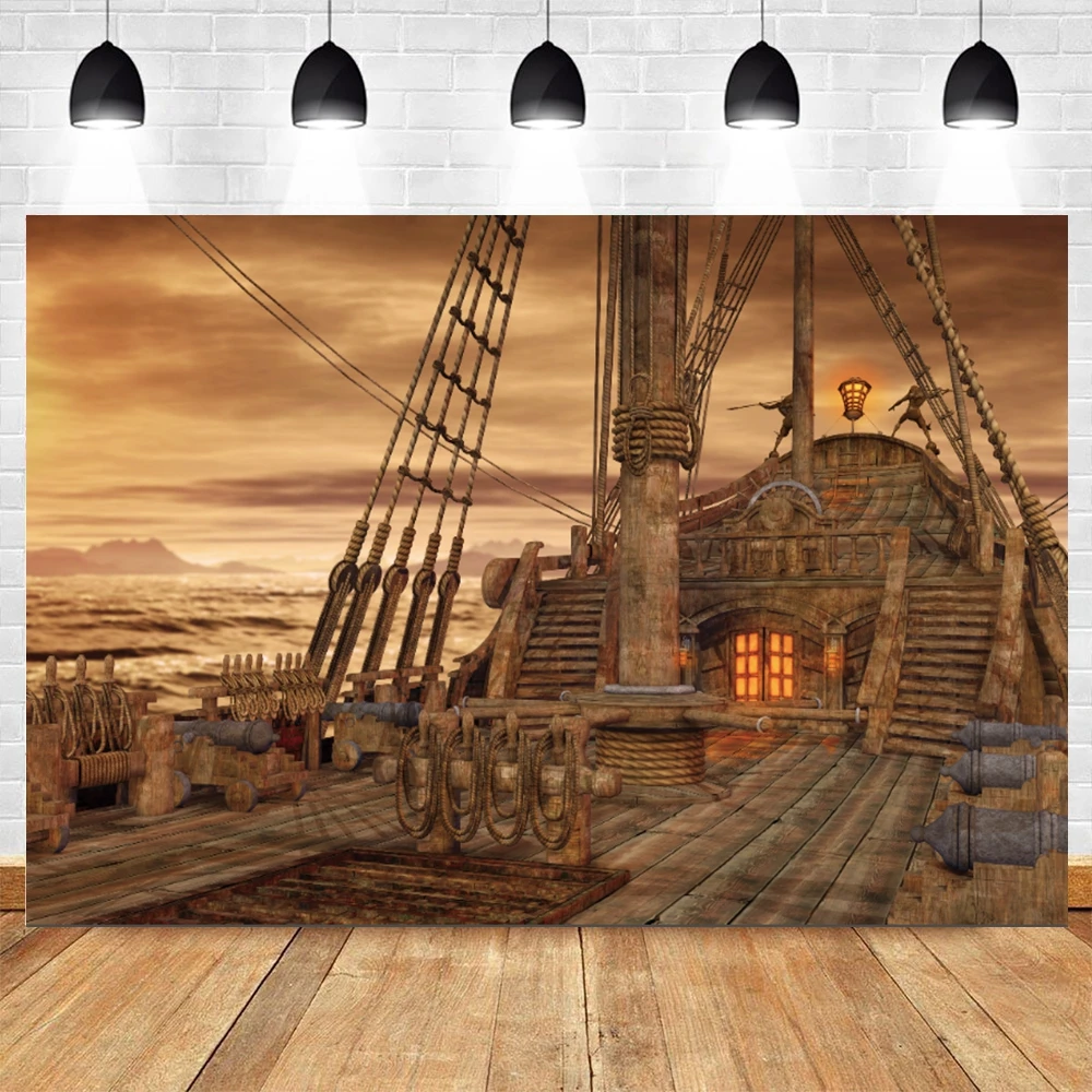 Vintage Sailboat Backdrop for Photography Nautical Battleship Old Wooden Deck Background Pirate Ship Kids Boy Photo Booth Shoot