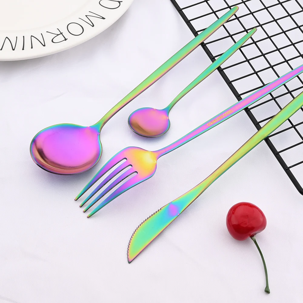 Matte Rainbow Tableware Cutlery Set Stainless Steel Dinnerware Dinner Party Silverware Fork Spoon Knife Fruit Fork Flatware Set