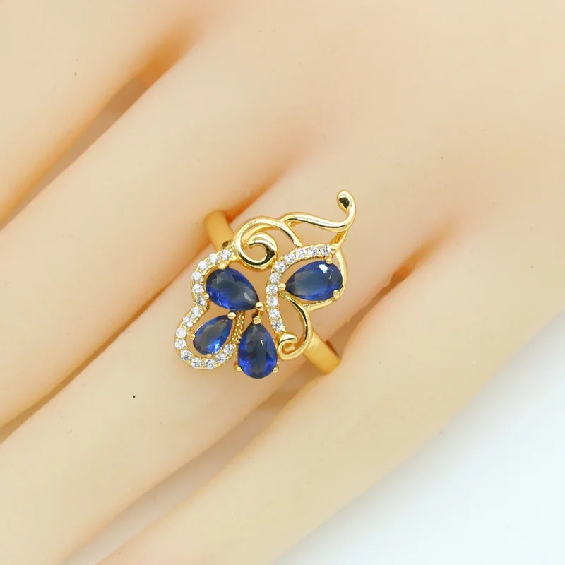 Flower Blue Sapphire 18K Gold Plated Jewelry Sets for Women Earrings Necklace Pendant Ring Bracelet  Birthday Gift