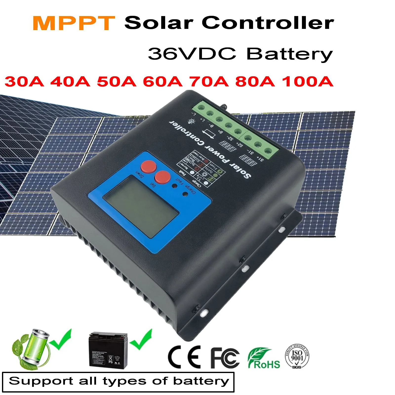 

MPPT 30A 40A 50A 60A 70A 80A 100ASolar Charge Controller Fit For 36V 48V Battery Bank Solar Systems Regulators LCD Display