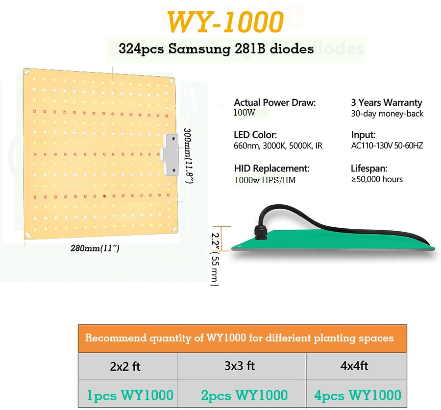 WY CN 1000W LED Growth Light, AC110V alluminio Undimable Full Spectrum Grow Lights con certificazione Rohs Fcc 3 anni di garanzia