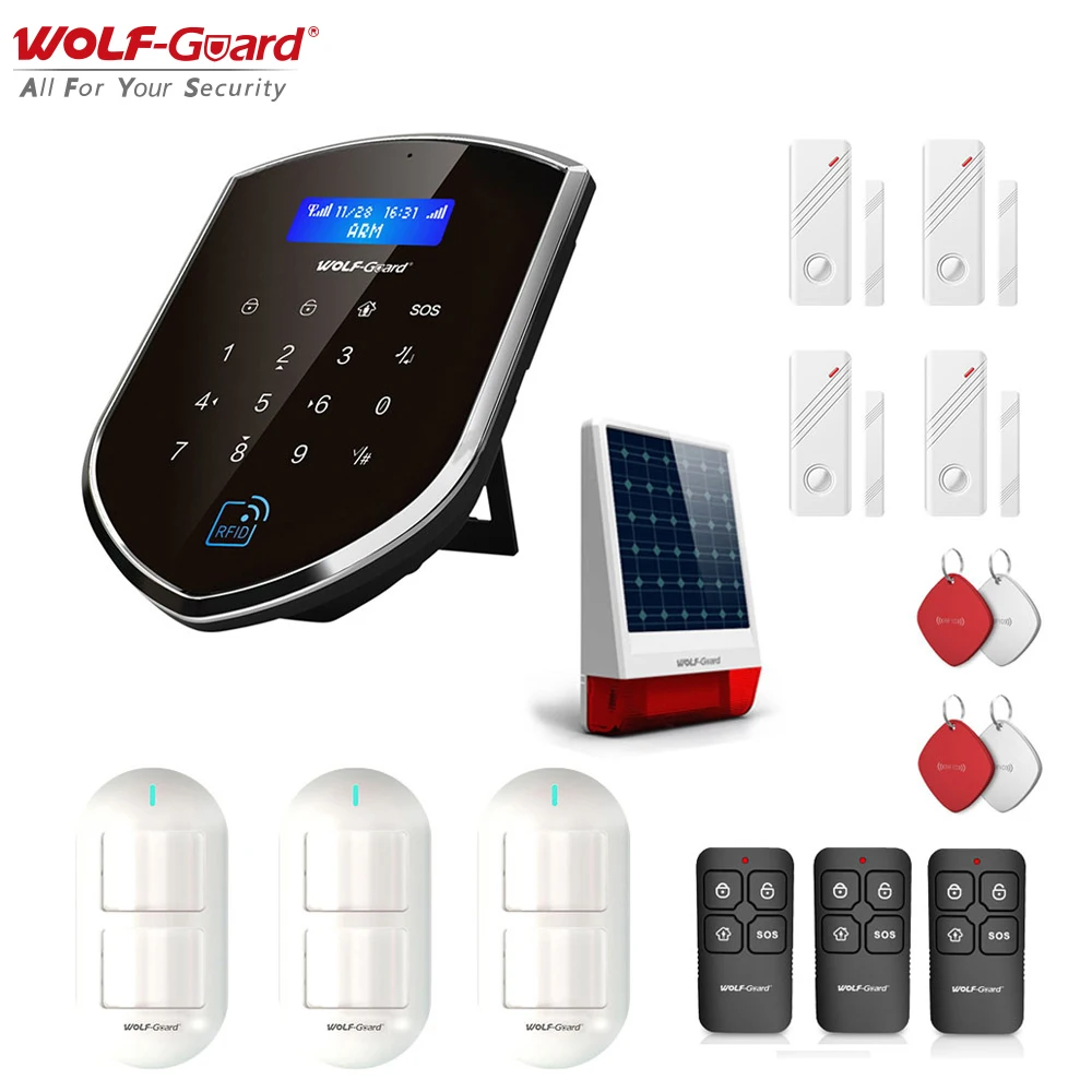 

Wolf-Guard GSM Wifi LCD Backlight Wireless Home Alarm Security DIY Kit with 120dB Solar Siren Door Sensor PIR Motion Detector