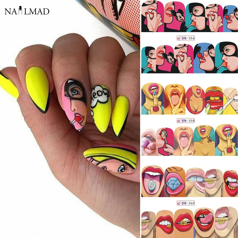 12patterns Pop Art Nail Stickers Sexy Girl Designs Comics Water Transfer Decals Manicure DIY Lips Nail Art Decorations Slider