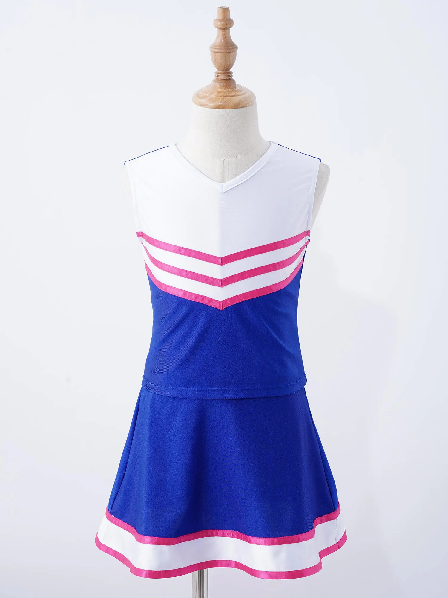 2Pcs Kids Girls Cheerleading Uniform Cheer Costume Sports Dance Outfits V Neck Striped Patchwork Sleeveless Tank Top with Skirt