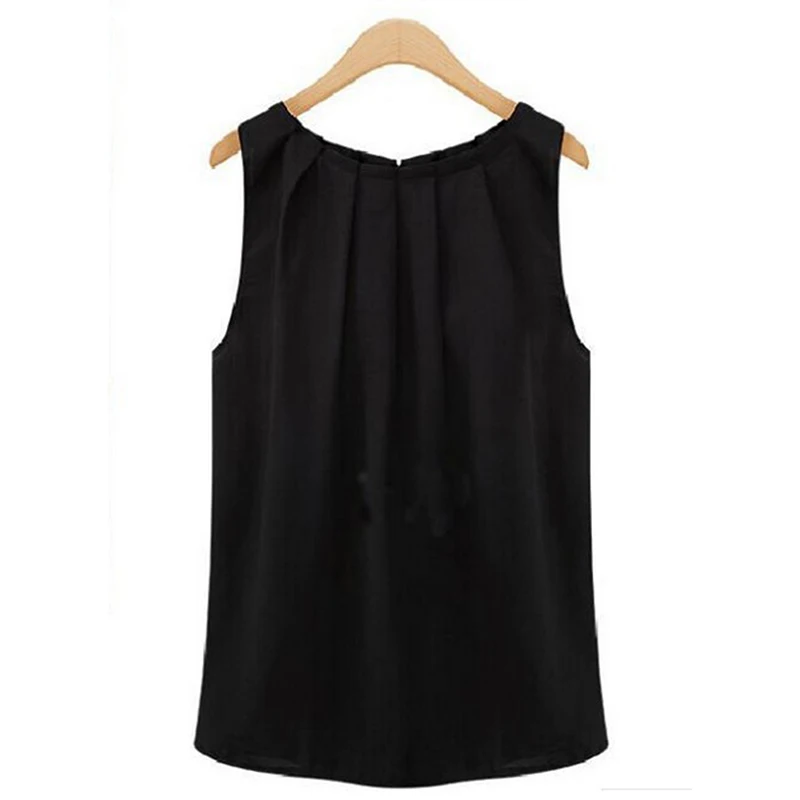 Fold Tank Tops Women Streetwear Loose Casual Chiffon Solid Sleeveless Vest Summer Top O-neck Black Top Women Clothing