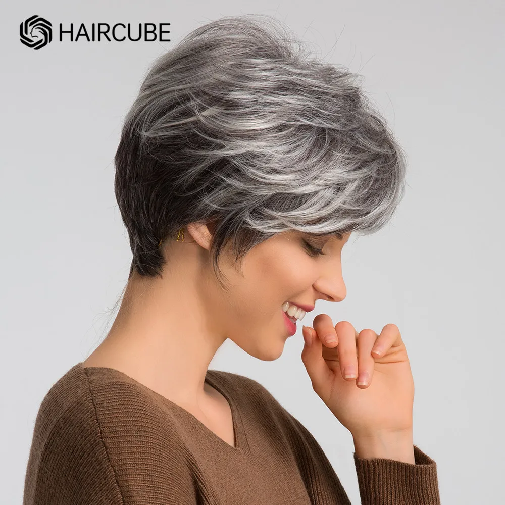 HAIRCUBE Short Gray Wigs with Bangs for Women Ombre Ash Black Daily/Cosplay Use Heat Resistant Synthetic Wig Blend Human Hair