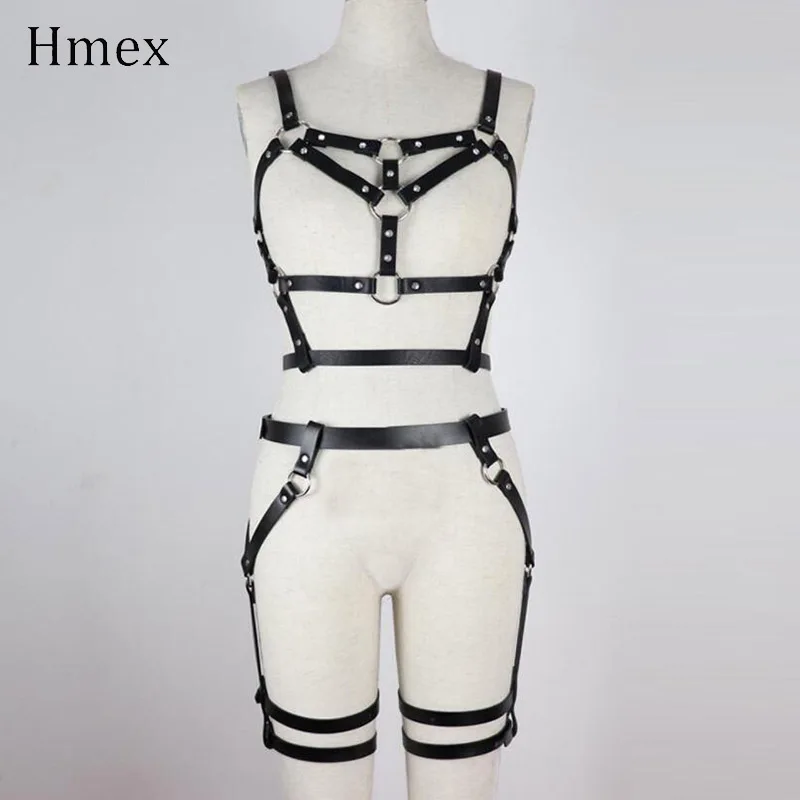 HMEX Leather Harness Underwear Set Goth Garter Belts Women Straps Bra Garter Sexy Body Belts Waist To Leg Bondage Cage