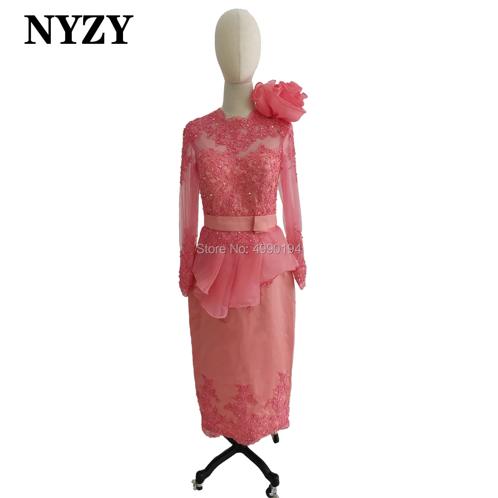 NYZY E253 Coral Lace Long Sleeves Tea Length Mother of the Bride Groom Dresses 2020 vestidos elegantes Wedding Party Gown