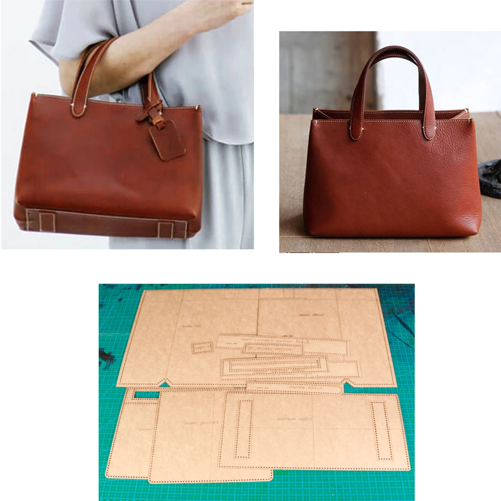 DIY leather craft  women handbag 500gsm kraft paper die cutting sewing pattern stitch hole english version template 30x25x14cm