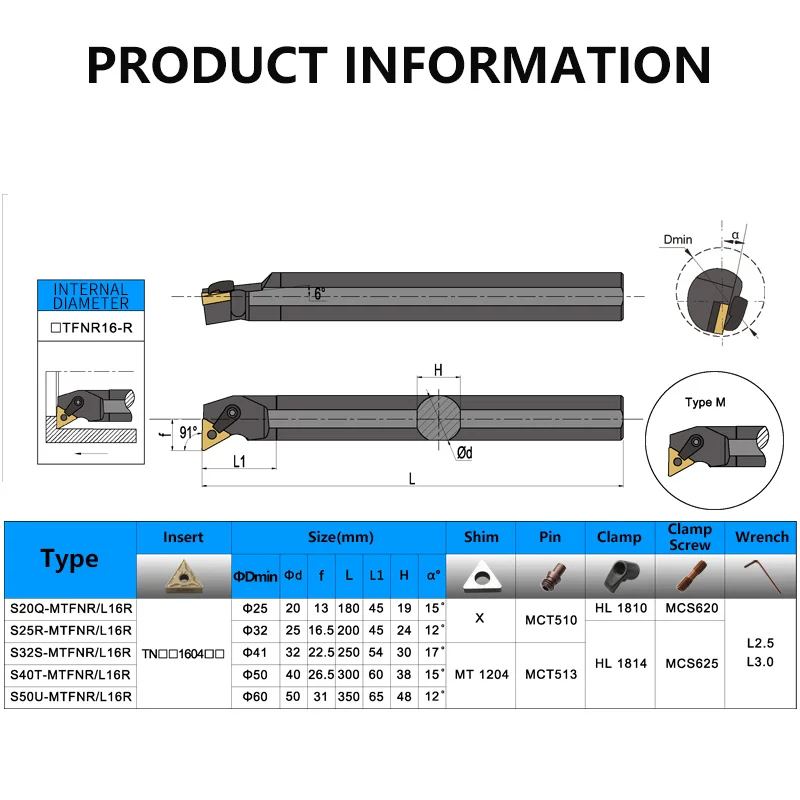 1pc S16Q-MTFNR16R S20R-MTFNR16R S25S-MTFNR16 Internal Turning Tool Holder TNMG16 Carbide Inserts Lathe Bar CNC Cutting Tools Set