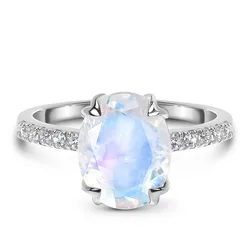 Hot Selling 925 Sterling Silver Jewelry Oval Cut 7x9mm Rainbow Blue Natural Moonstone Ring Engagement Wedding Ring For Women