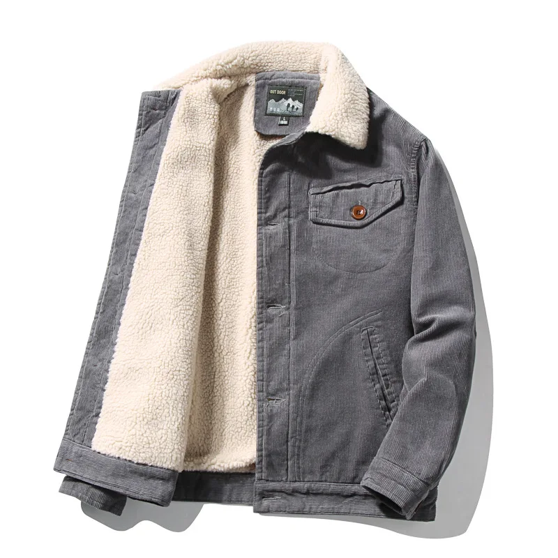 Winter Men Plus Fleece Warm Cargo Jacket Outdoor Thick Corduroy Fleece Lapel Commuter Jackets Pilot Baseball Jacket Coat