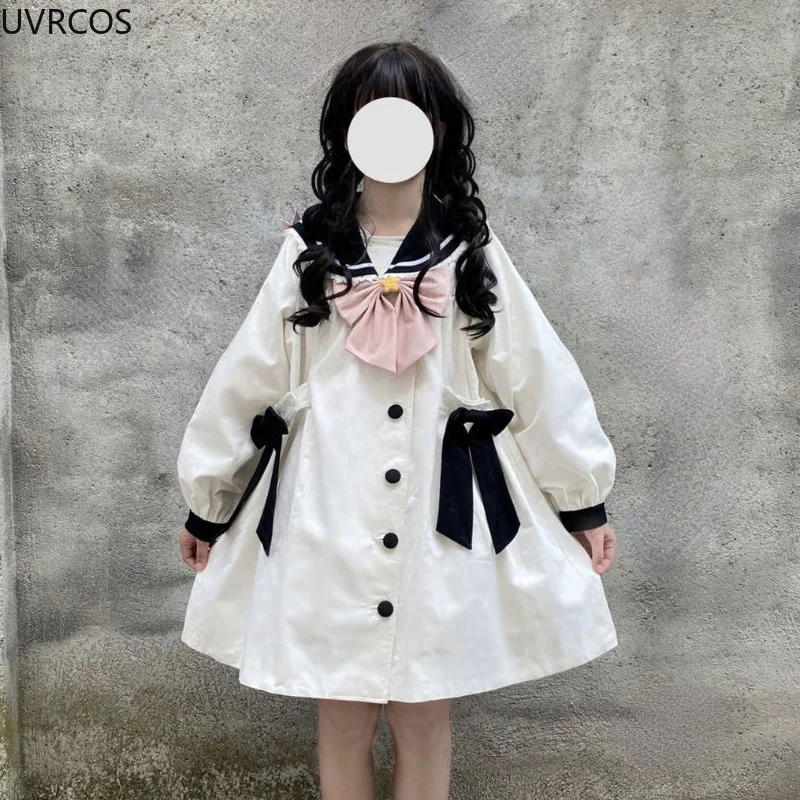 Japanese Preppy Style Women Sweet Lolita Outwear Spring Autumn Kawaii Lace Sailor Collar Bow Loose Jackets Harajuku Girls Coats