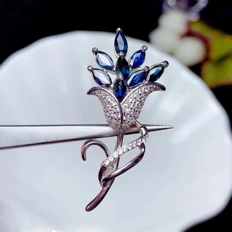 

CoLife Jewelry Fashion Silver Bouquet Brooch for Party 8 Pieces 3*6mm Natural Blue Sapphire Brooch 925 Silver Gemstone Brooch