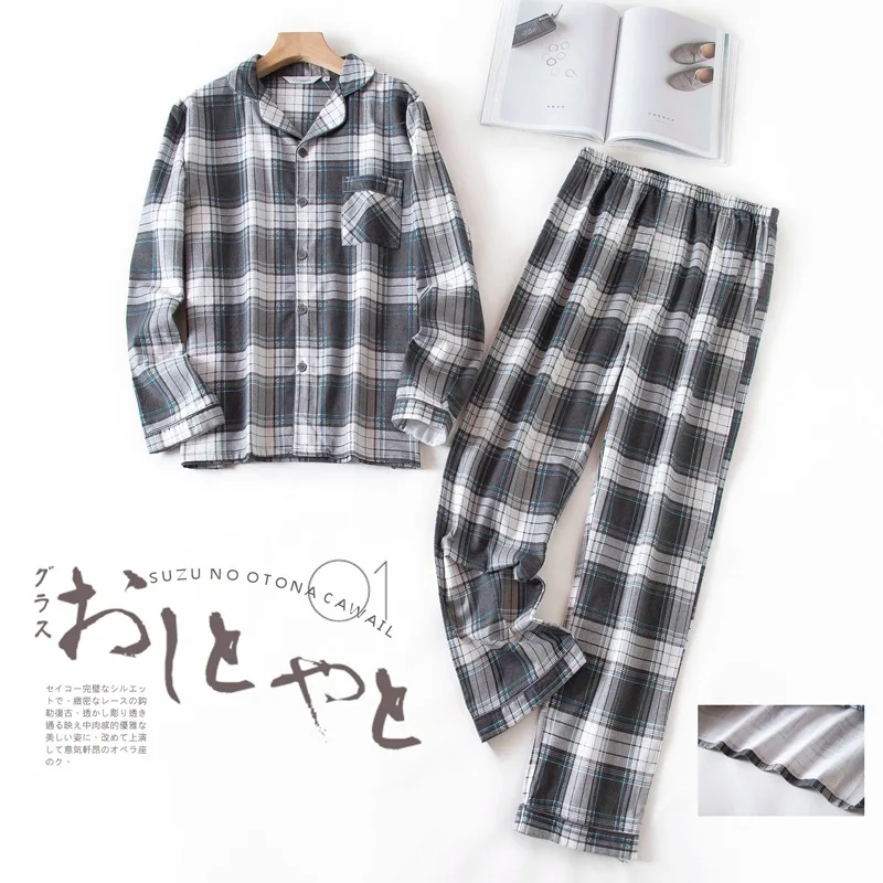 

Simple plaid 100% brushed cotton pajamas sets men sleepwear casual home Clothing pyjamas male homewear plus size RTM