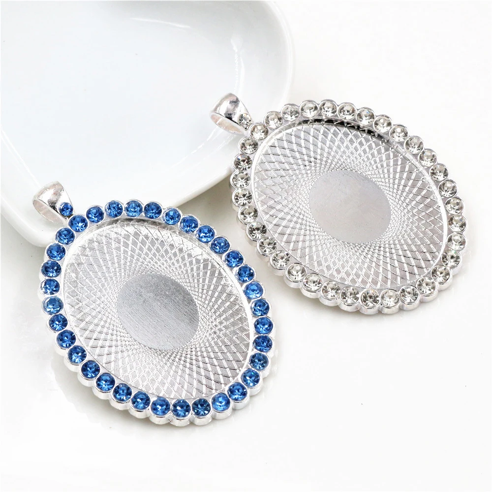 5pcs 30x40mm Inner Size Bright Silver Plated Transparent and Blue Rhinestone Style Cameo Cabochon Base Setting Pendant