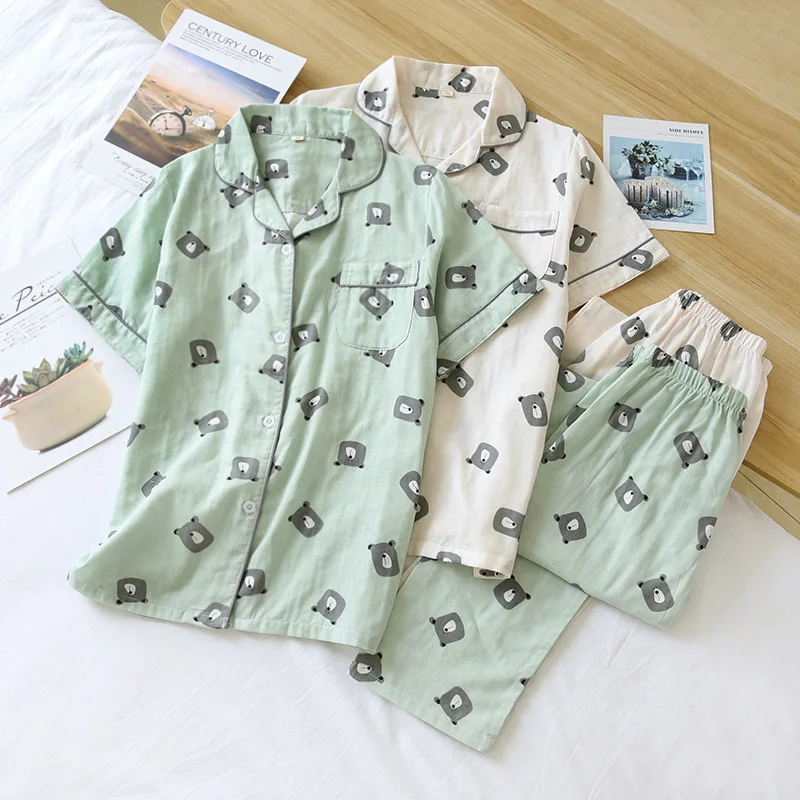 KISBINI Summer Women Men Homewear Pure Cotton Sleepwear Short Sleeves Female Pyjamas Set Bear Printed Couple Pajamas Set