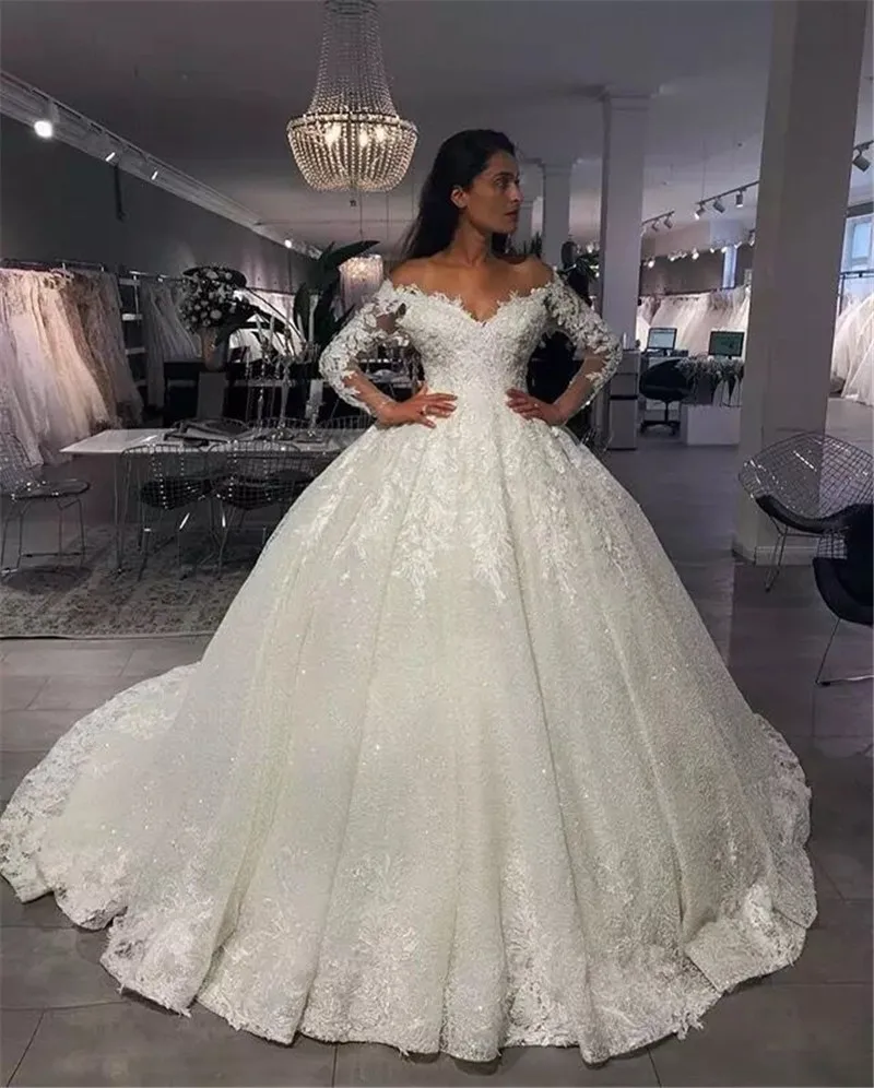 Puffy Ball Gown Long Sleeve Sequins Tulle Lace Beaded Crystal Luxury Wedding Dresses Bridal Wedding Gown Custom Size LS39K